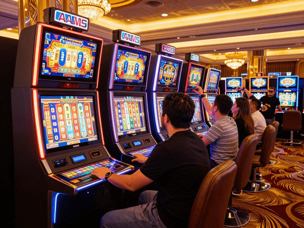 Giocatore concentrato su slot non AAMS in una vibrante sala da casinò, circondato da luci colorate e atmosfera di festa.