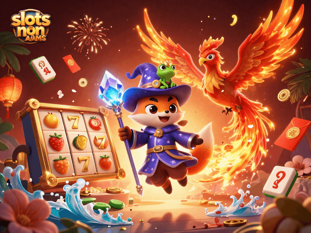 Gioca a slots non AAMS con un mago volador e un fenice scintillante, in un'atmosfera casinò vibrante.