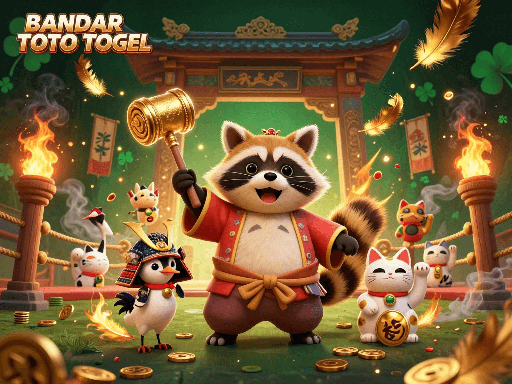 BANDAR TOTO TOGEL brings luck alive with cheerful tanuki, samurai crane, and waving fortune cats