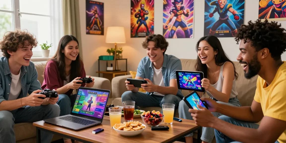 Group of friends enjoying porn ganes in a cozy living room with devices and snacks.