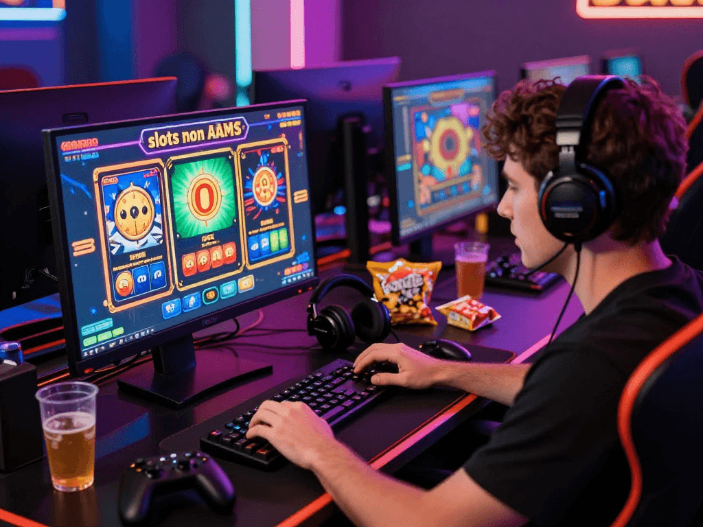 Giocatore che esplora le 'slots non AAMS' con giochi colorati e accessori da gioco.