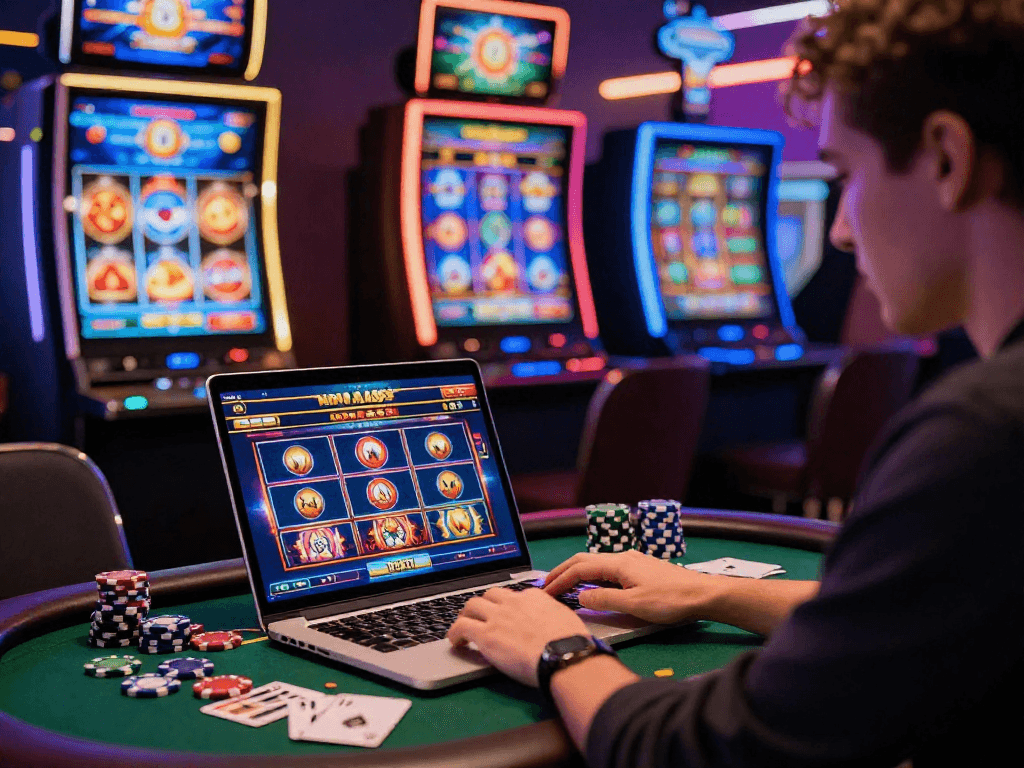 Giocatore entusiasta su laptop mentre prova diversi slots non AAMS, immerso in un'atmosfera di casinò online vibrante.
