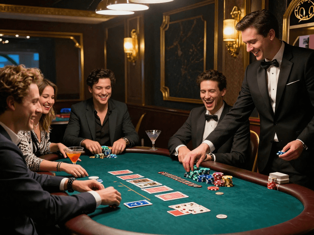 Giocatori entusiasti al tavolo di poker con chips e carte in un casinò, slot non AAMS.