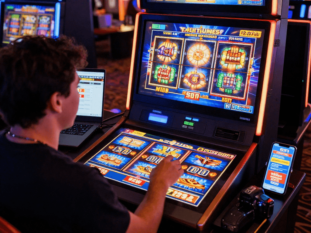 Giocatore appassionato che gioca a slots non AAMS in un casinò online con grafica vivace e premi emozionanti.