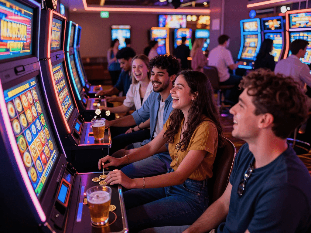 Giocatori felici alle slot non AAMS in un casinò luminoso e animato.