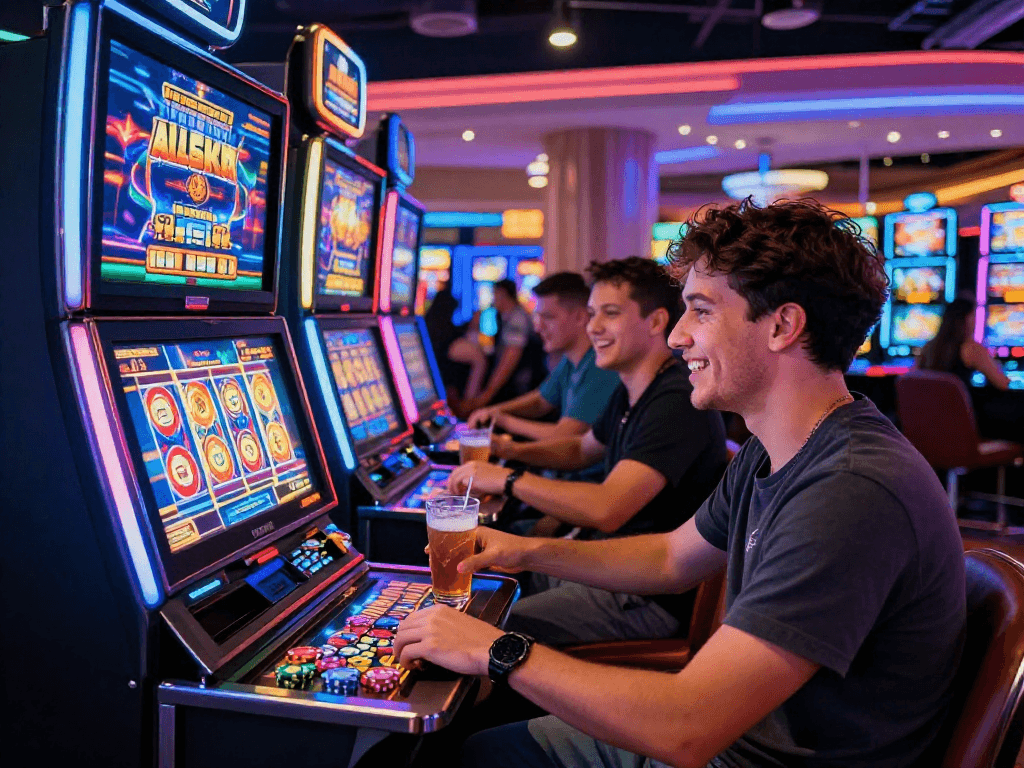 Giocatore che si diverte con slot non AAMS in un casinò affollato, atmosfera vivace e coinvolgente.