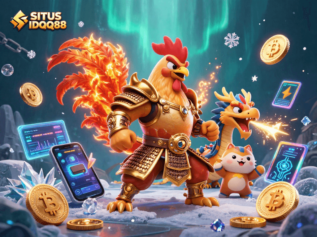 Engage with the vibrant energy of SITUS IDQQ88 featuring a samurai rooster and dragon amidst crypto elements.