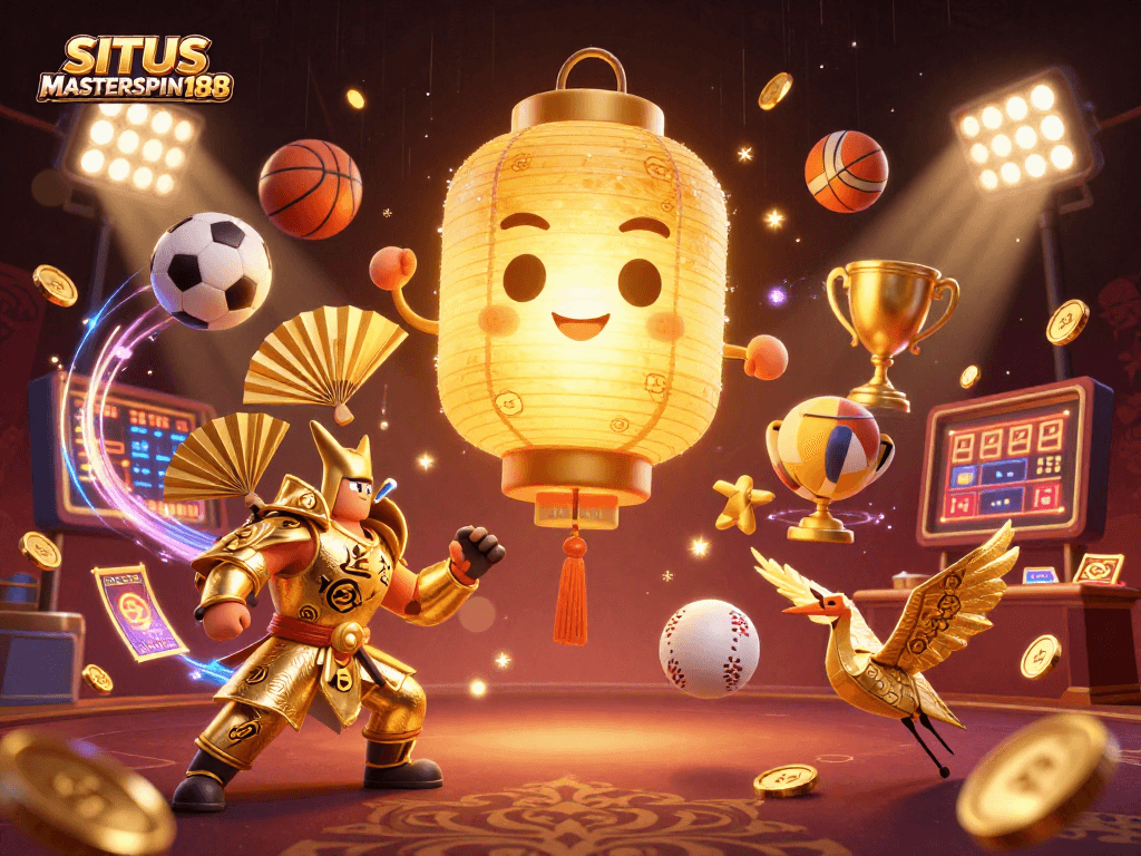 SITUS MASTERSPIN188 showcases an immersive night market casino atmosphere with dynamic sports elements and vibrant characters.