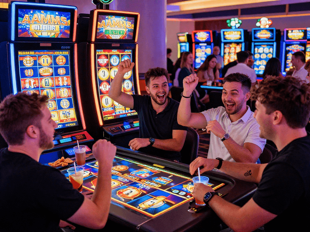 Giocatori felici al tavolo mentre provano le slot non AAMS in un casinò vivace.