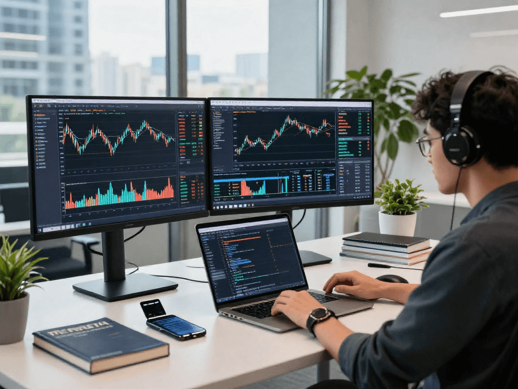 使用德股基本面数据接口的金融科技开发者在现代办公室分析全球股市数据。