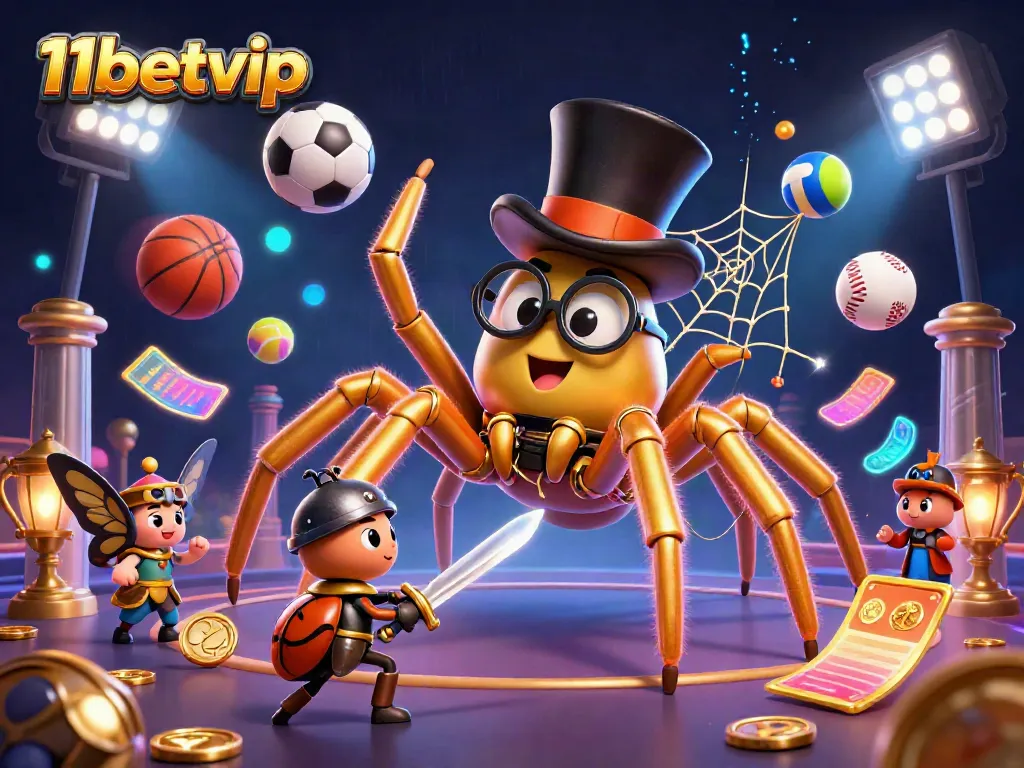 Engage in thrilling action with 11betvip, featuring a whimsical golden tarantula and betting elements in a vibrant casino scene.