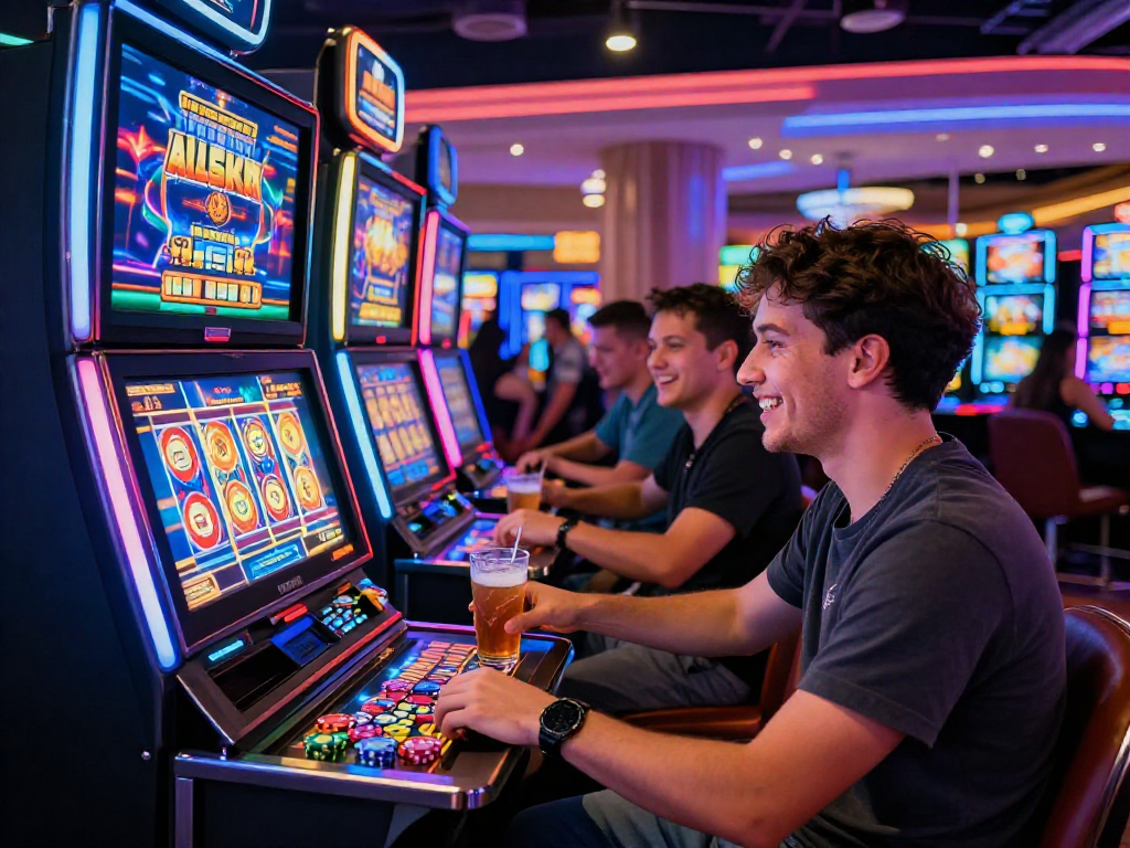Giocatore che si diverte con slot non AAMS in un casinò affollato, atmosfera vivace e coinvolgente.