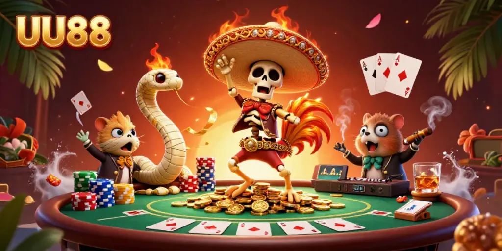 Experience the vibrant casino atmosphere with UU88 as a skeleton mariachi celebrates on golden coins.