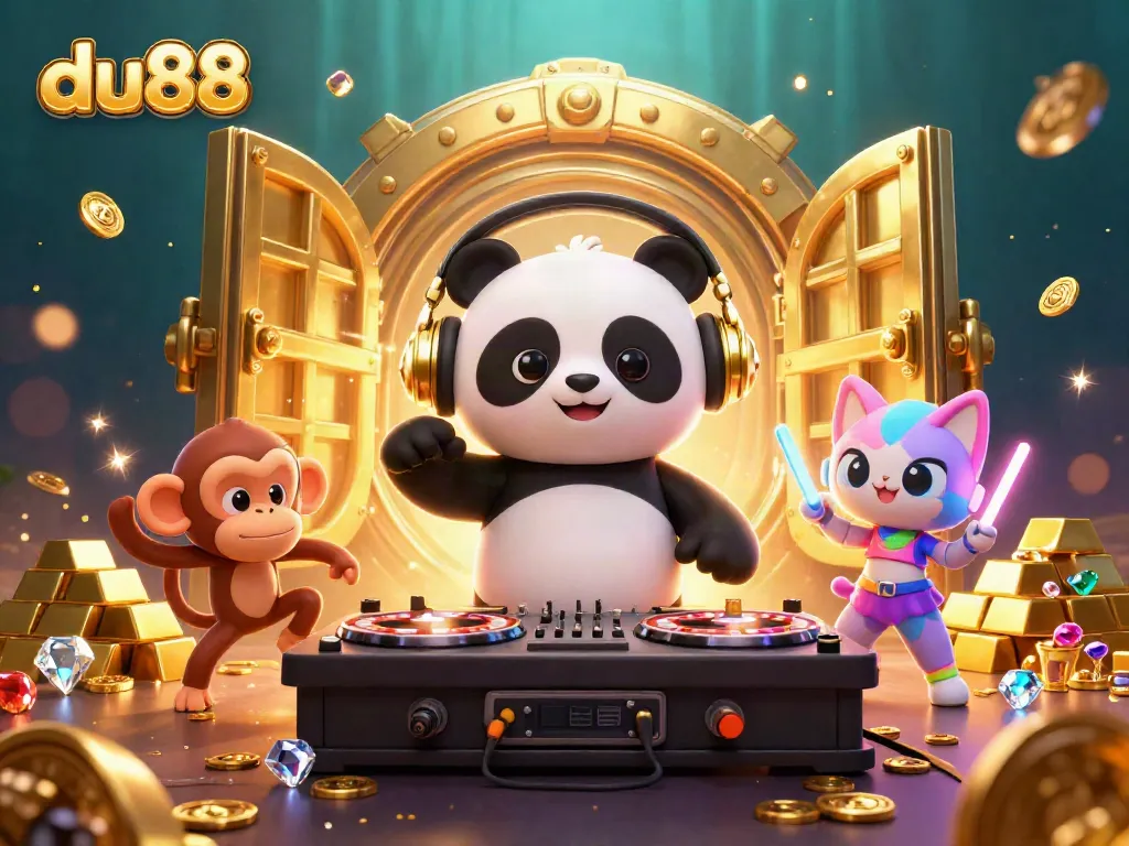 Engage with the exciting world of du88's online gambling featuring a DJ panda and vibrant characters.