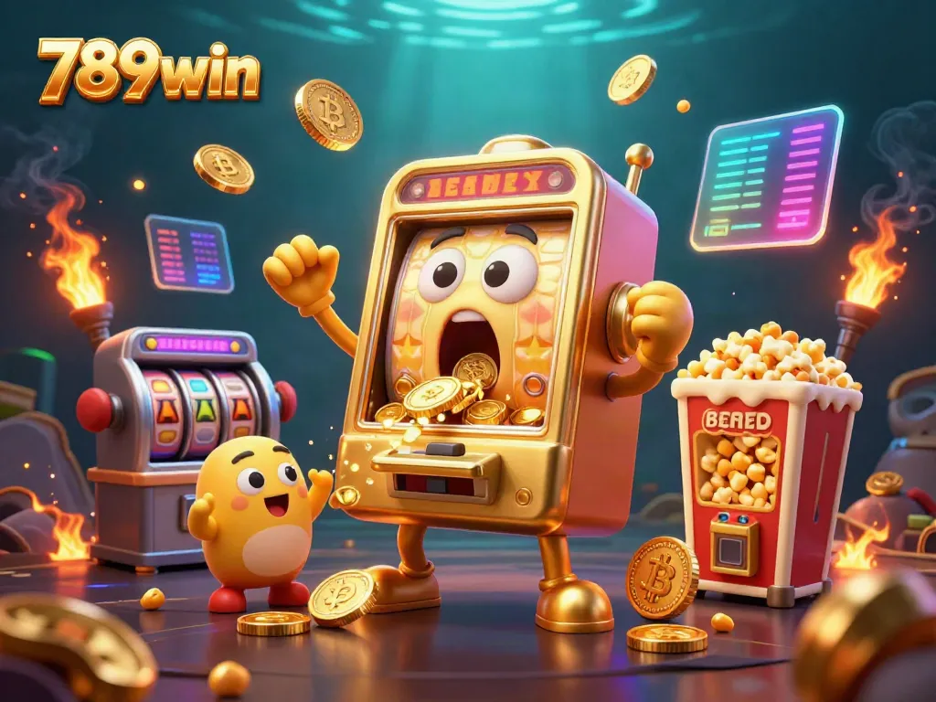 Experience the excitement of 789win as the golden slot machine hits a jackpot while coins overflow.