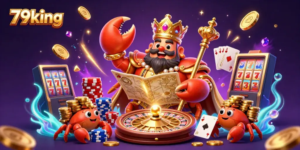 Experience the excitement of 79king with the golden crab emperor amidst casino elements, showcasing an exhilarating gambling adventure.