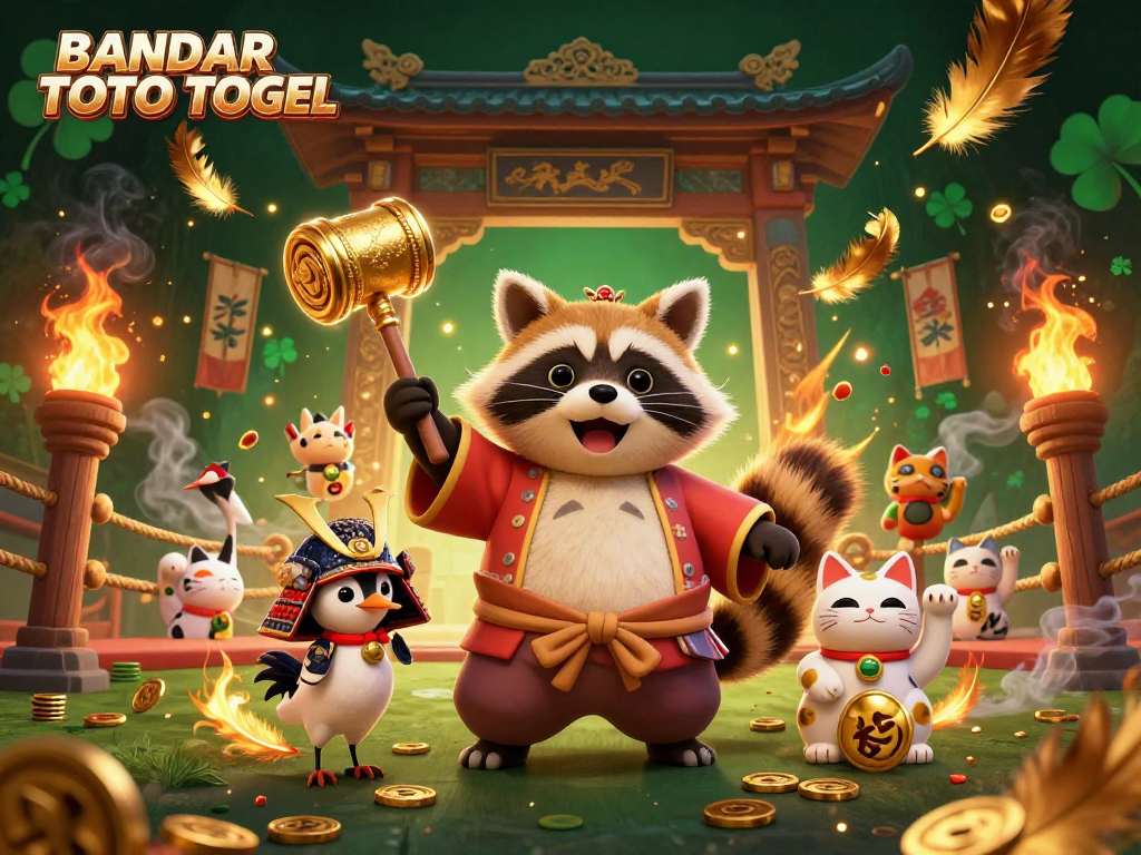 BANDAR TOTO TOGEL brings luck alive with cheerful tanuki, samurai crane, and waving fortune cats