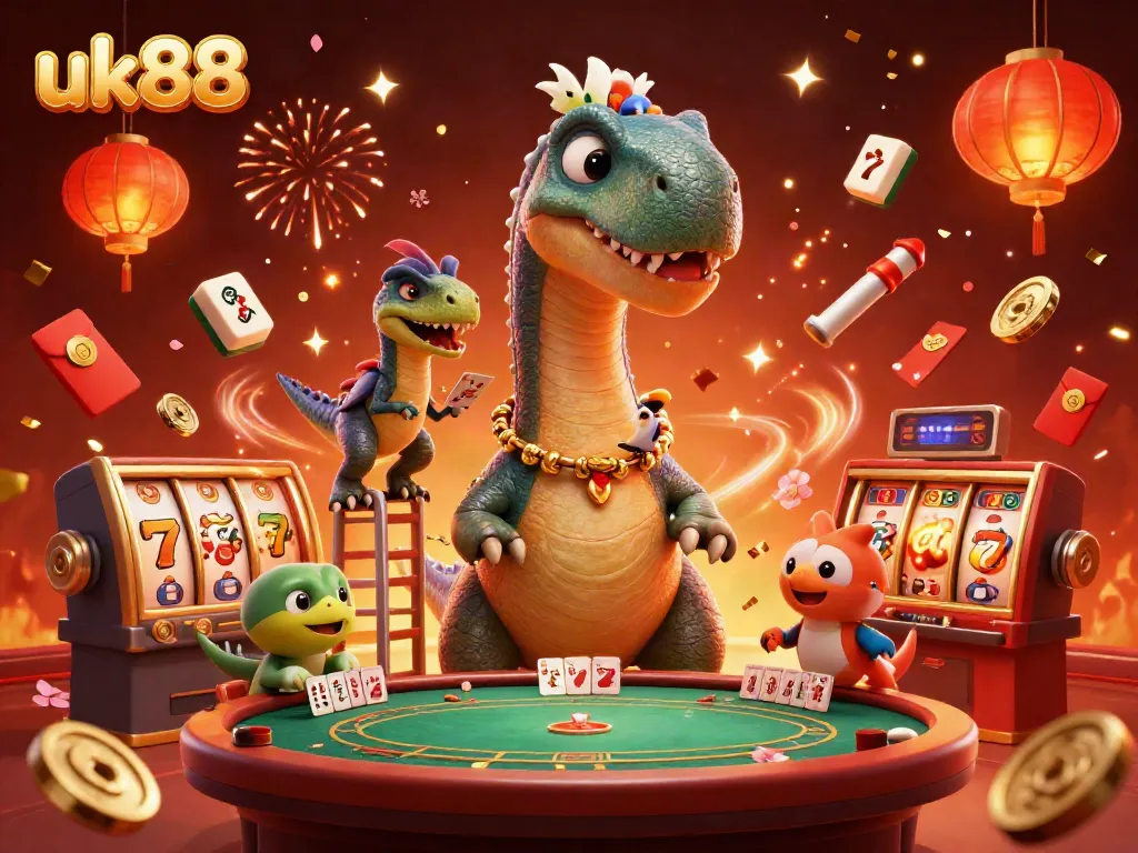 Engage with uk88's vibrant online casino world featuring a fun dinosaur dealing cards and immersive gaming elements.
