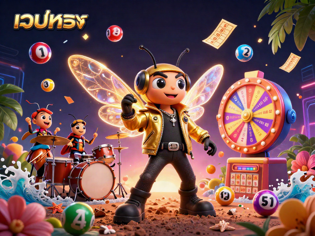 Engage with เว็บตรง lotteries in this vibrant scene featuring dynamic balls and a lively rock star atmosphere.