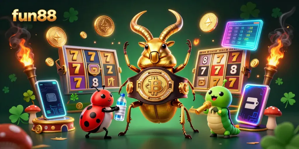 Experience fun88’s vibrant casino atmosphere with exciting slot reels and colorful characters.