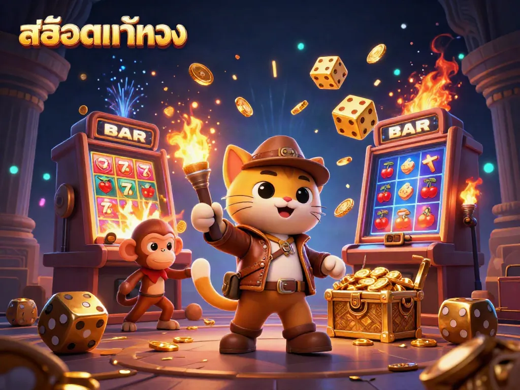Engage in thrilling activities with สล็อตแท้ตรง in a vibrant 3D casino scene featuring winning symbols and artifacts.