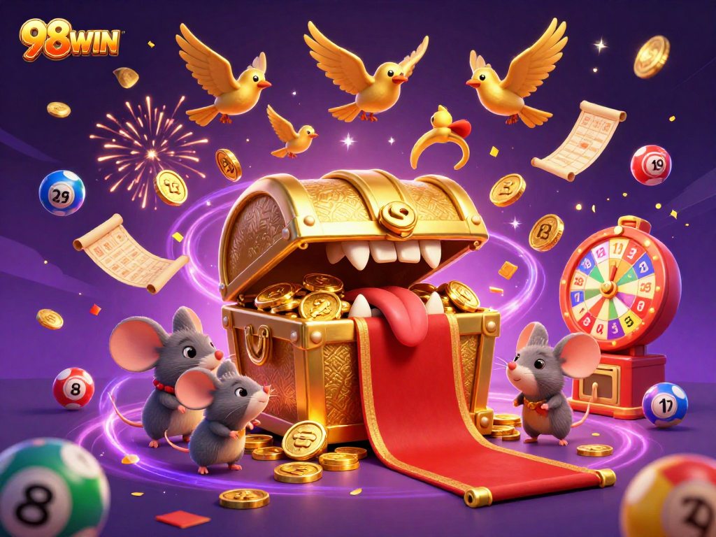 Engage with 98WIN's colorful casino scene featuring adventure mice drawn to riches with dynamic lottery elements.