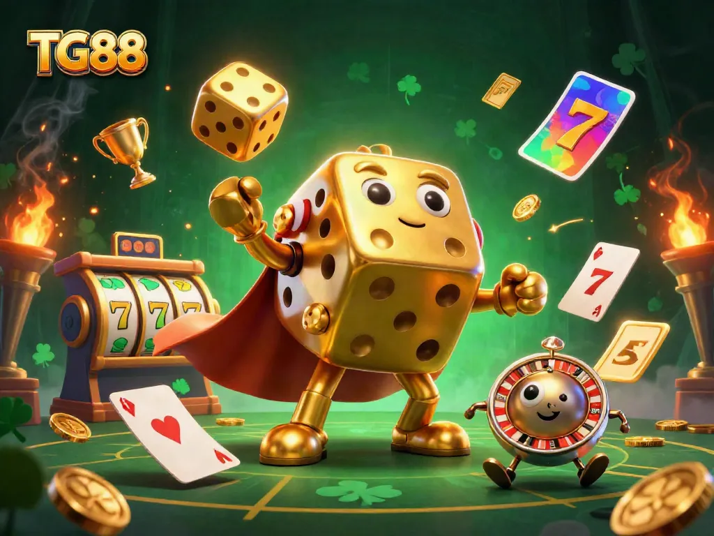 Engage with TG88 as a golden dice golem interacts with slot reels and vibrant casino elements.