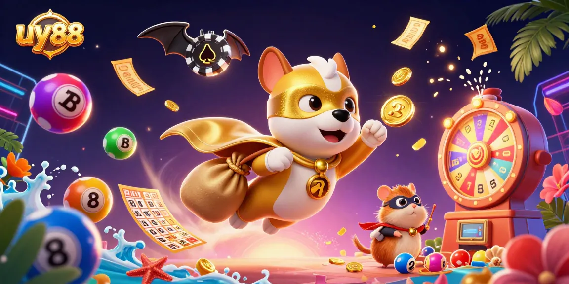 Experience the excitement of gambling at uy88 with a dynamic superhero-themed scene featuring colorful game elements.