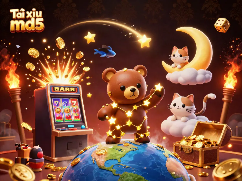 Players enjoying Tài xỉu md5 with golden coins, slot machines, and vibrant imagery.