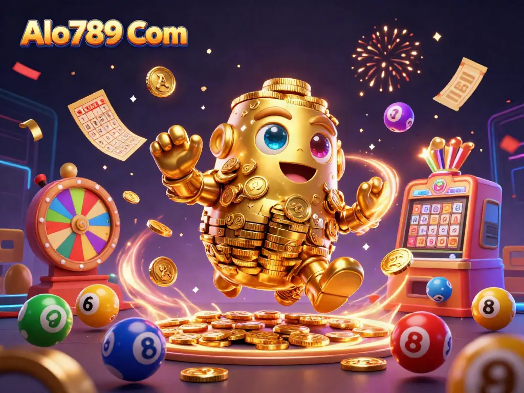 Engage with the thrill of gaming at Alo789 Com, featuring a dynamic golden golem surrounded by vibrant casino elements.
