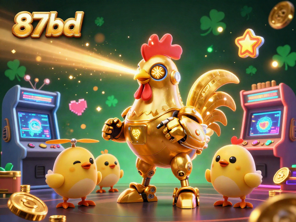 Experience thrilling gaming action with a golden rooster robot and vibrant casino elements at 87bd.