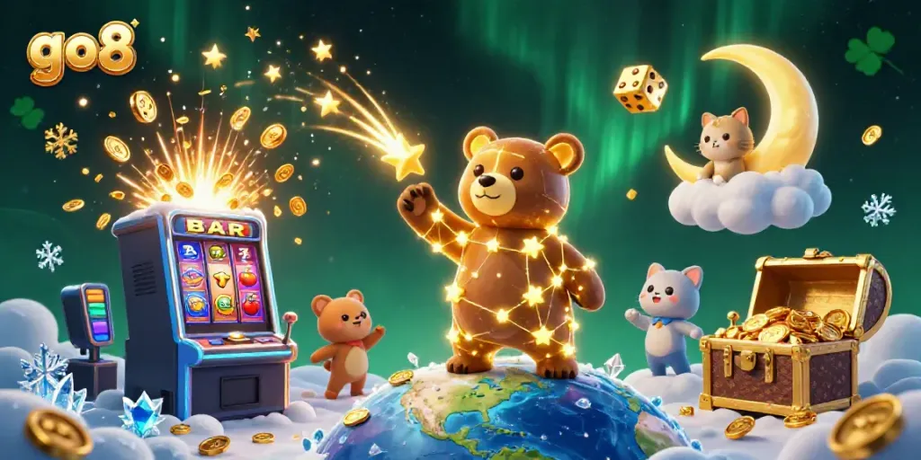 Experience the excitement of go8 through a vibrant casino-themed 3D illustration featuring a celestial bear.