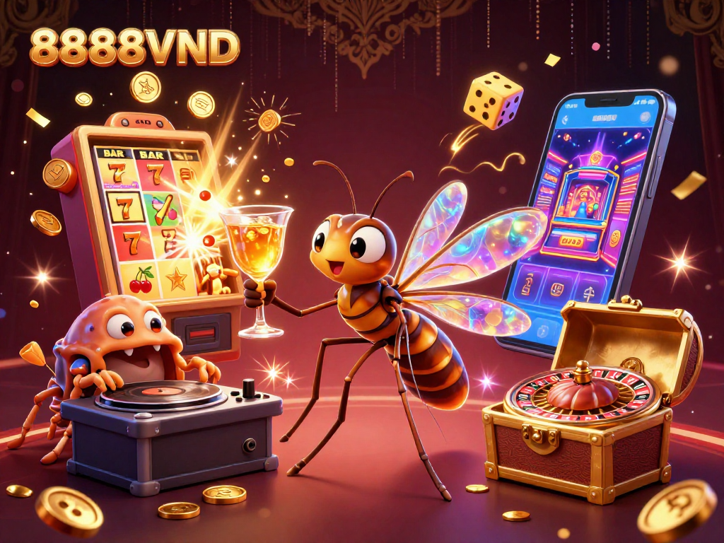 A vibrant 888VND casino scene featuring a cartoon mosquito mascot, trilobite DJ, and shimmering roulette wheel.