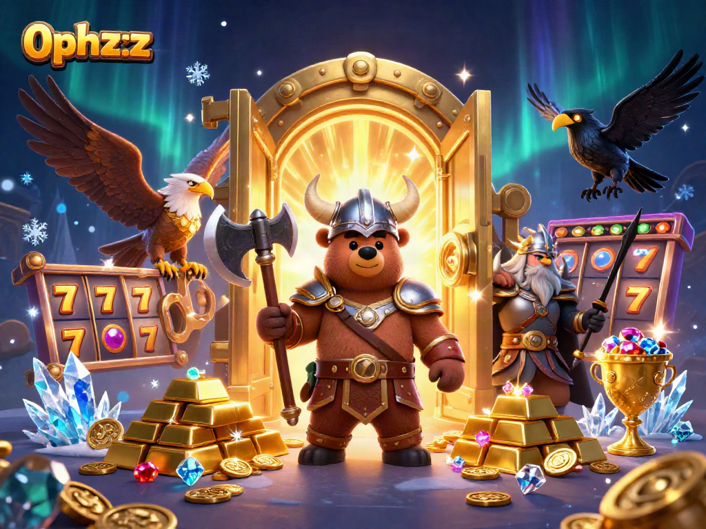 Spin reels and win big with 0phzzz! A Viking bear and Valkyrie eagle in an exciting casino scene.