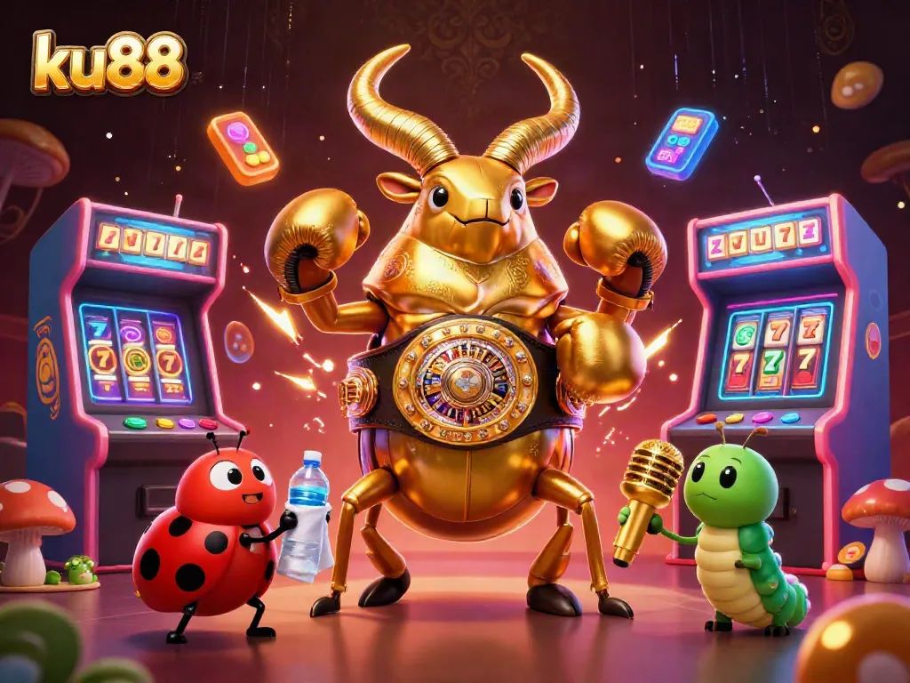 Battle royale with ku88's golden beetle champion facing off in a vibrant casino world.