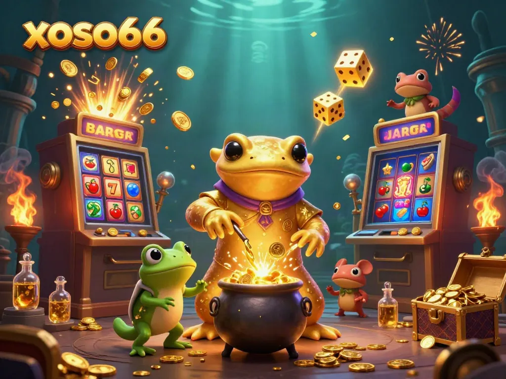 Engage with xoso66's vibrant casino games through a playful 3D alchemist scene.