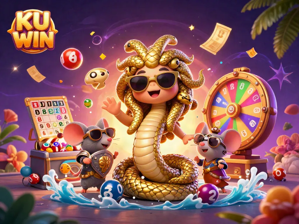 KU WIN features a vibrant 3D illustration with Medusa and a warrior mouse, capturing the excitement of lottery games.