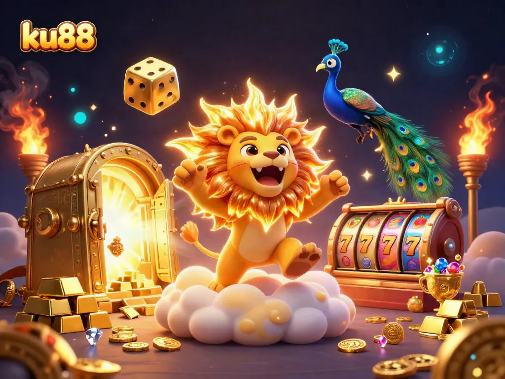 Experience thrilling gameplay with ku88 in a captivating casino scene filled with vibrant slot reels and treasures.