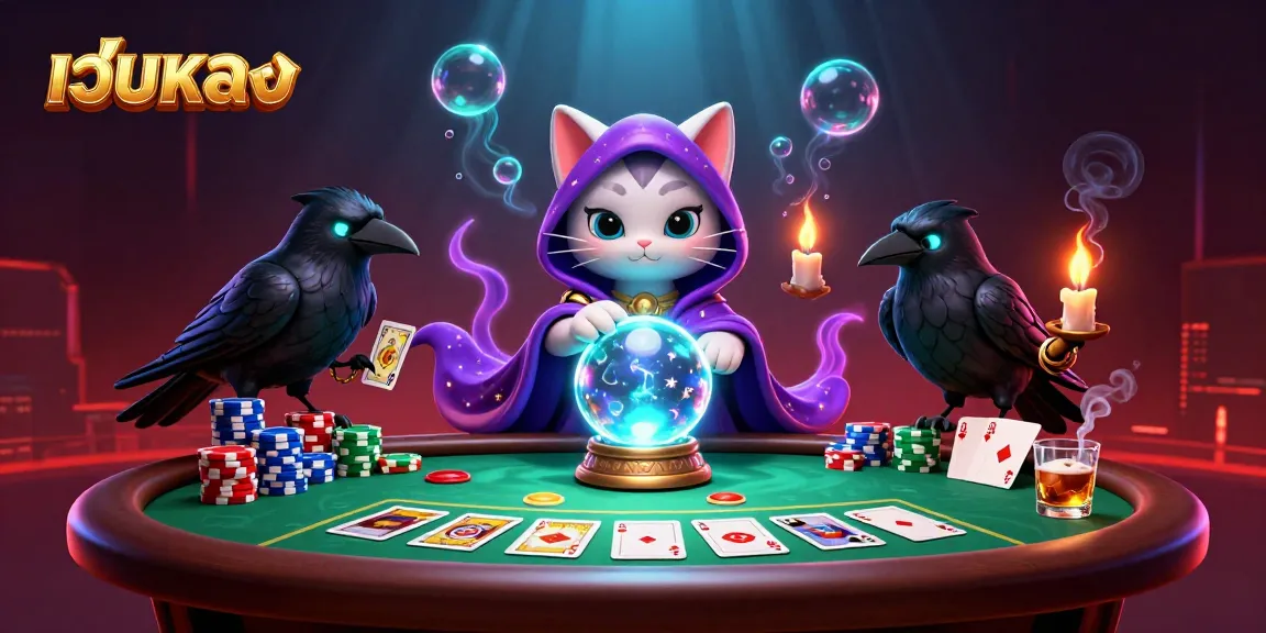 Engage in เว็บตรง slots with 3D cartoon fortune teller mystic cat and poker elements for immersive gameplay.