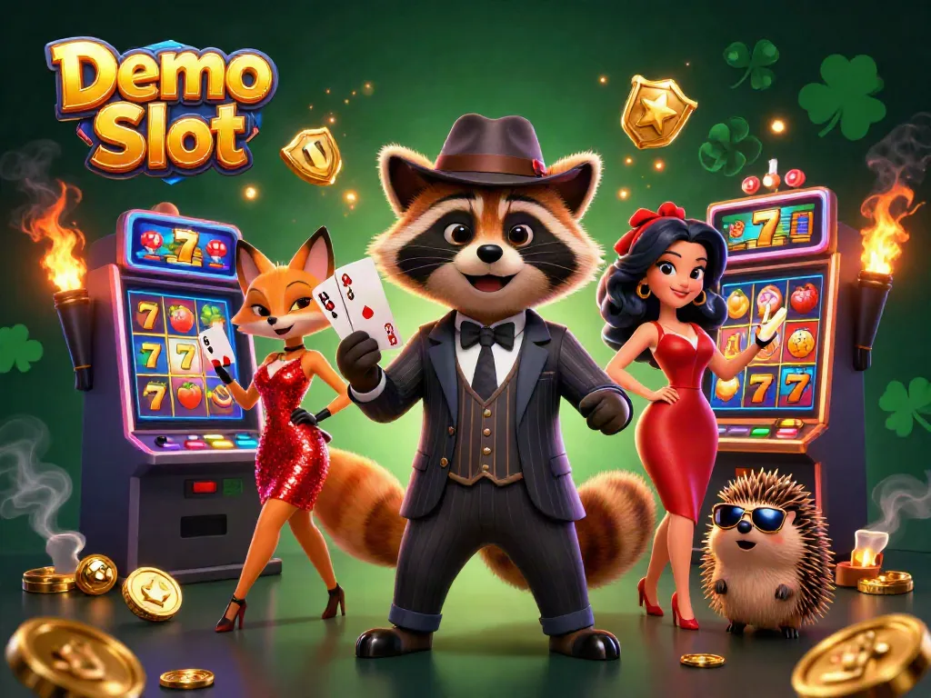 Experience the thrill of Demo Slot with a raccoon and friends amidst vibrant casino elements.