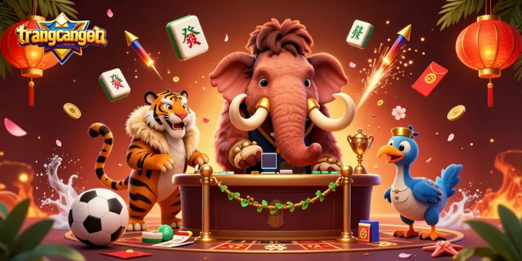 Engage with trangcadobongda as a woolly mammoth checks IDs at a vibrant VIP casino entrance scene.