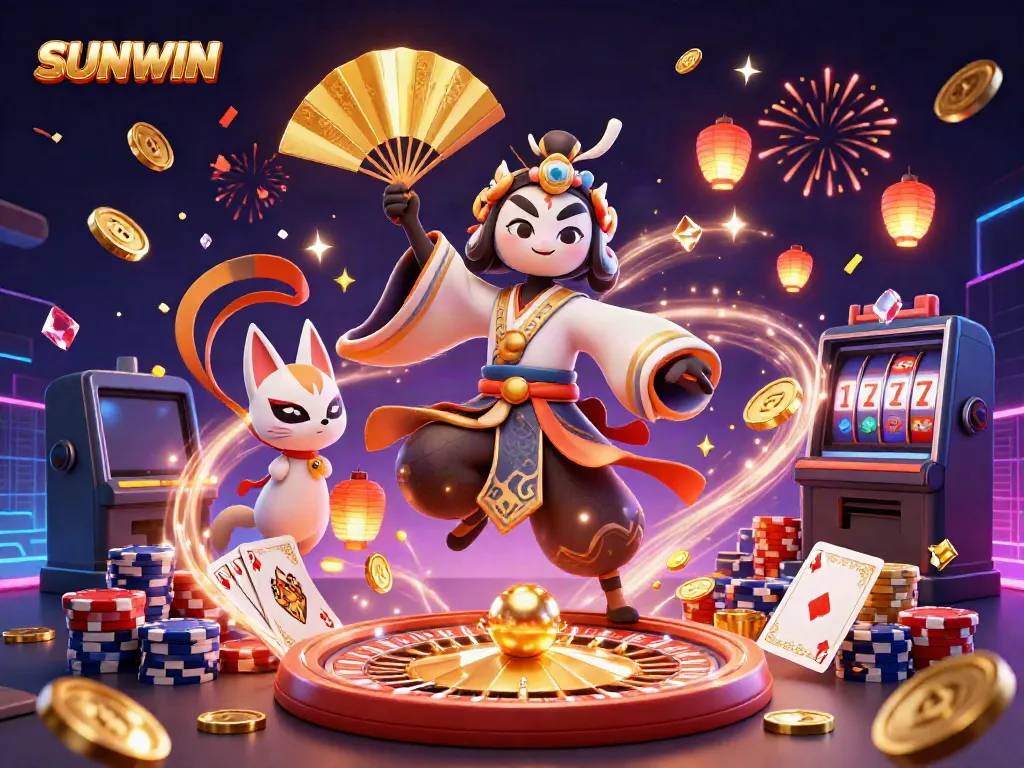 Experience excitement at SUNWIN with vivid 3D illustrations featuring thrilling casino elements and characters.