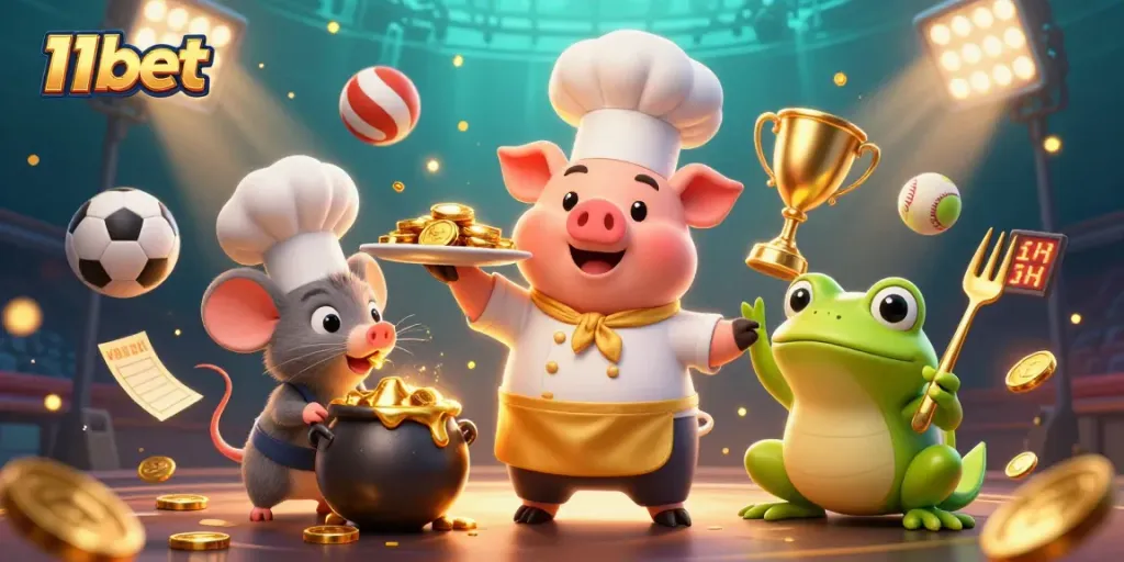 Engage in thrilling wins at 11bet with cartoon characters serving gold coins in a vibrant casino setting.