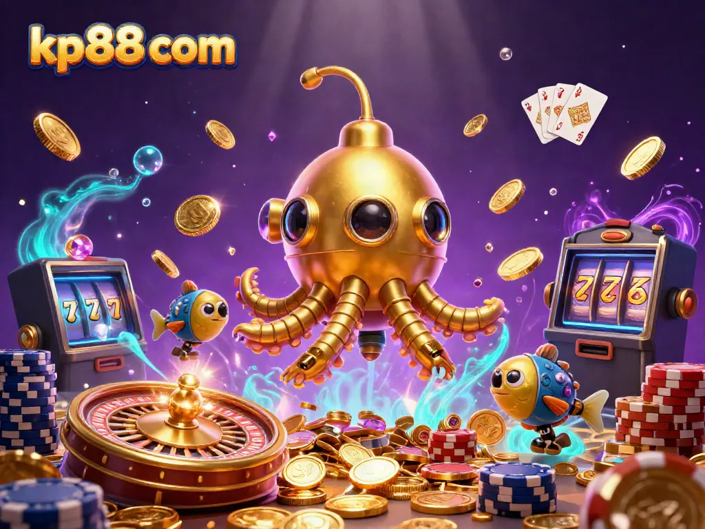 Engage in dynamic gaming experiences at kp88 com with a golden kraken submarine and vibrant casino elements.