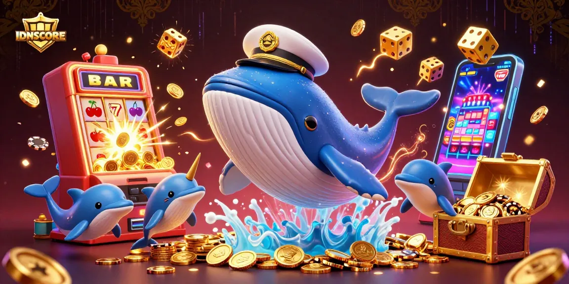 IDNSCORE features a lively casino scene with dolphins, a narwhal, and a whale amidst festive gaming elements.