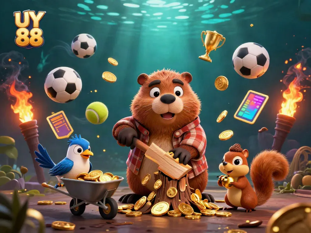 Experience thrilling bets at UY 88 with dazzling gold coins raining from the sky in this vibrant illustration.
