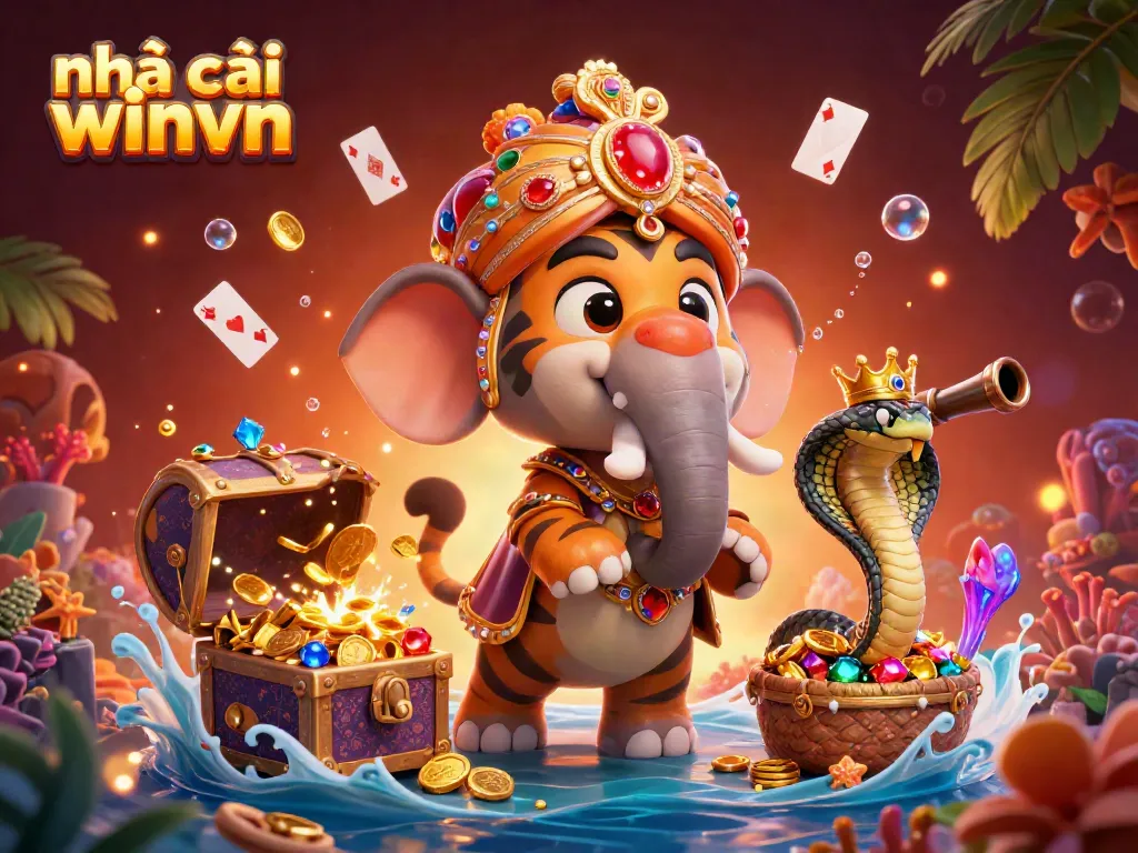 Experience the vibrant world of nhà cái winvn while surrounded by treasure in this dynamic illustration of an online casino.