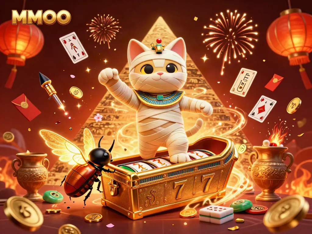 MMOO slot games come to life with a gleaming Egyptian mummy, vibrant gaming elements, and dynamic celebration effects.