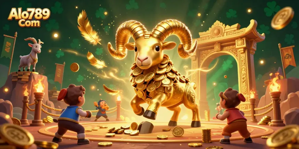 Experience the excitement of Alo789 Com with a golden ram charging in a vibrant gambling arena filled with dynamic elements.