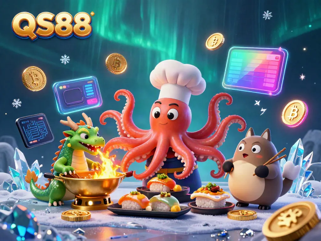 Experience the exciting world of QS88 with a vibrant 3D casino scene featuring a sushi chef and dragon.